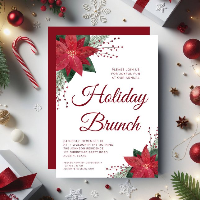 Elegant Red Blommigt Poinsettia Helgdag Brunch Inbjudningar (Elegant Red Floral Poinsettia Holiday Brunch Invitation)