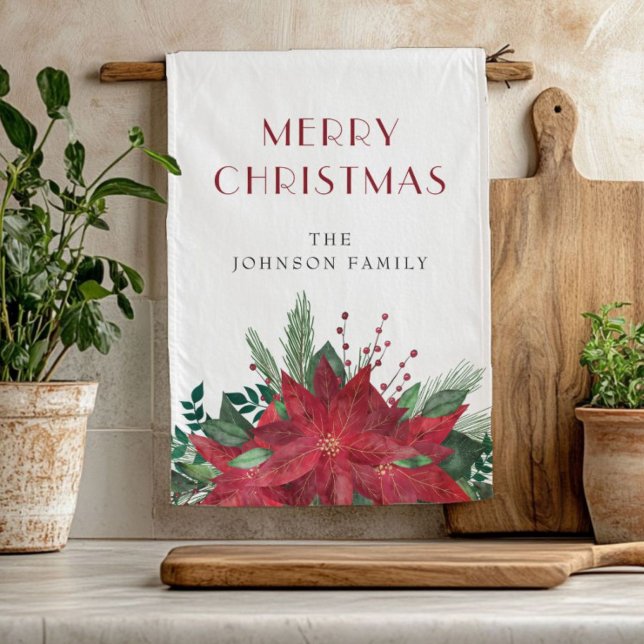 Elegant Red Blommigt Poinsettia jul Kökshandduk (Elegant Red Floral Poinsettia Christmas Kitchen Towel)