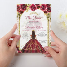 Elegant Red Blommigt Princess Guld Arch Quinceaner