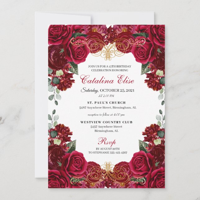 Elegant Red Blommigt Quinceanera Birthday-inbjudan Inbjudningar (Baksida)