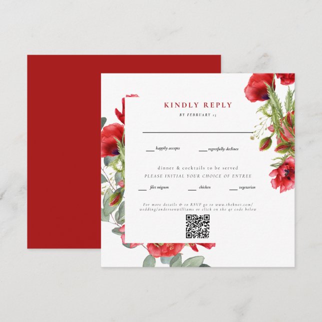 Elegant Red Blommigt Square Bröllop QR Code OSA II (Fram/baksida)