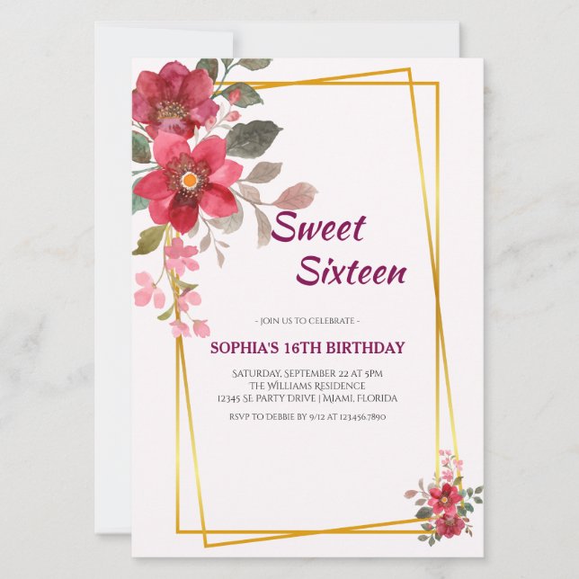 Elegant Red Blommigt Sweet sixteen Guld Ram Inbjudningar (Framsida)