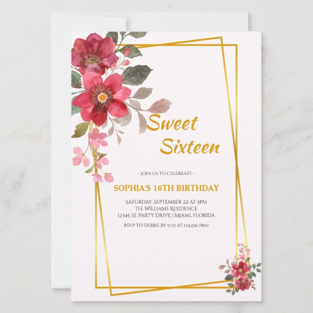 Elegant Red Blommigt Sweet sixteen Guld Ram Inbjudningar (Framsida)