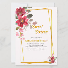 Elegant Red Blommigt Sweet sixteen Guld Ram Inbjudningar
