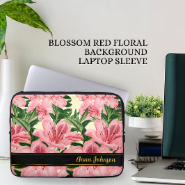 Elegant Red Blommönster Personlig Namn Laptop Fodral
