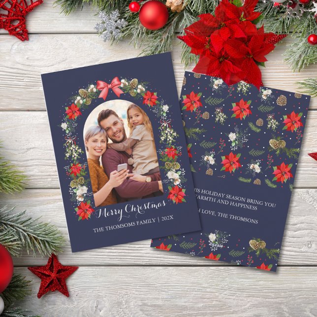 Elegant Red Bloom Berry Ribbon Festive Julkort (Skapare uppladdad)