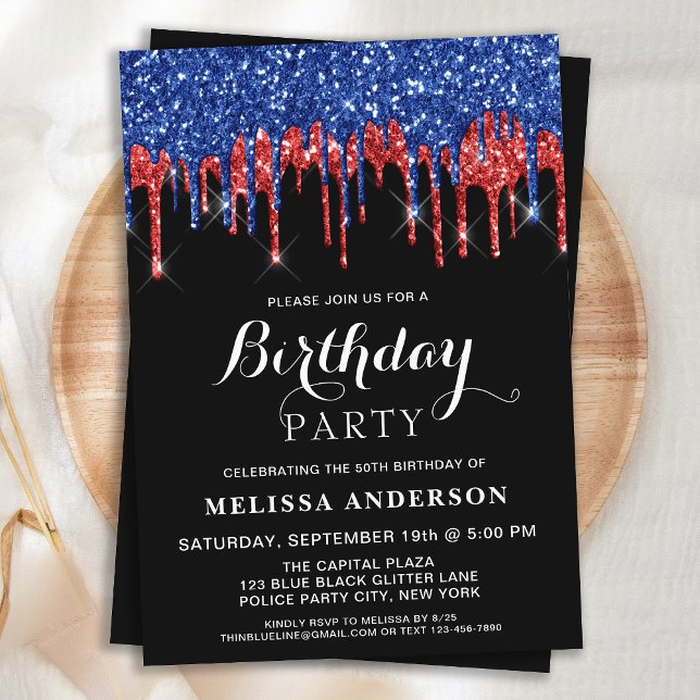 Elegant Red Blue Glitter Drives Patriotic Birthday Inbjudningar (Skapare uppladdad)