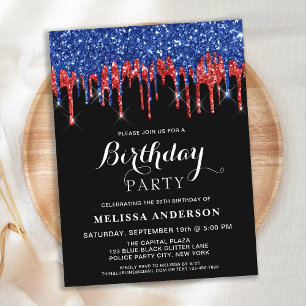 Elegant Red Blue Glitter Drives Patriotic Birthday Vykort