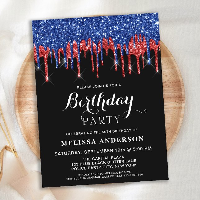Elegant Red Blue Glitter Drives Patriotic Birthday Vykort (Skapare uppladdad)