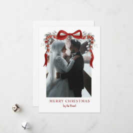 Elegant Red Bow and Eucalyptus Photo Christmas Ar Julkort