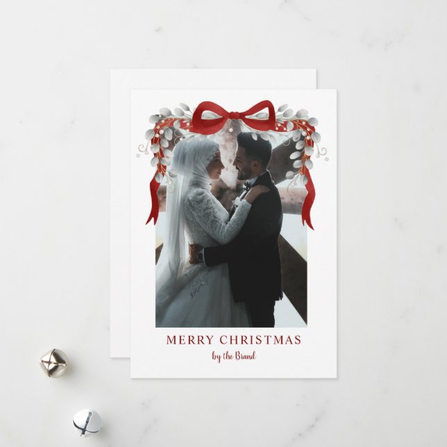 Elegant Red Bow and Eucalyptus Photo Christmas Ar Julkort (Fram/Back In Situ)