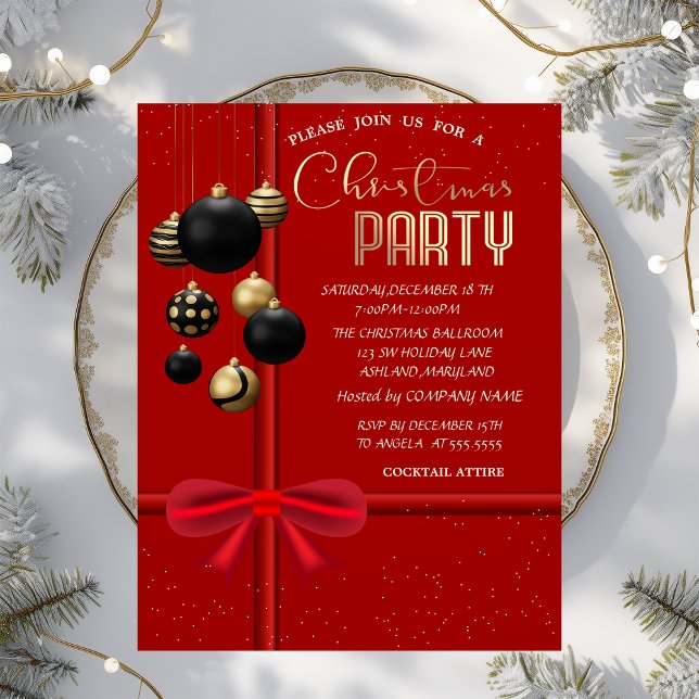 Elegant Red Bow Black Balls Christmas Company  Inbjudningar (Skapare uppladdad)
