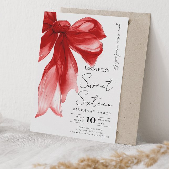 Elegant Red Bow Coquette Script Sweet 16 Party  Inbjudningar (Elegant Red Bow Coquette Script Sweet 16 Party Invitation)