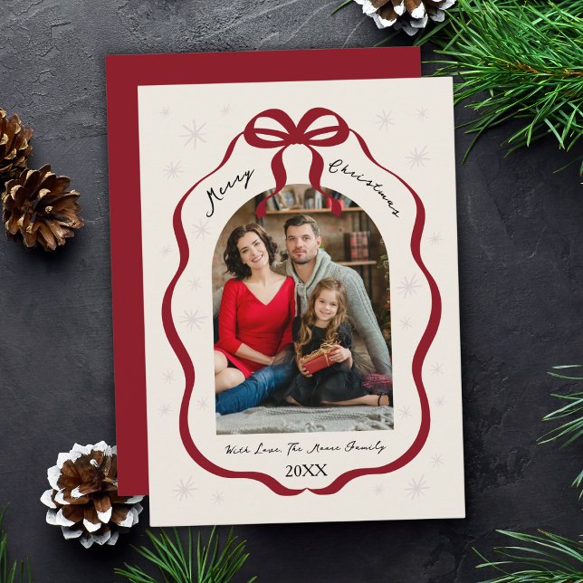 Elegant Red Bow Frame Custom Arch Photo Christmas Julkort (Elegant Red Bow Frame Custom Arch Photo Christmas Holiday Card
)