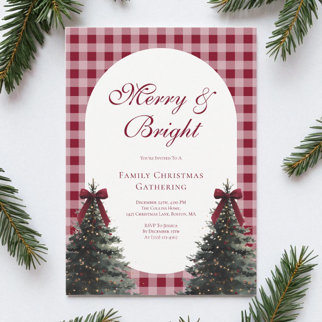 Elegant Red Bow Gingham Family Christmas Party Inbjudningar (Elegant Red Bow Gingham Family Christmas Party Invitation)