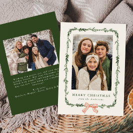 Elegant Red Bow Greenery Garland Cream 2 Photo Julkort