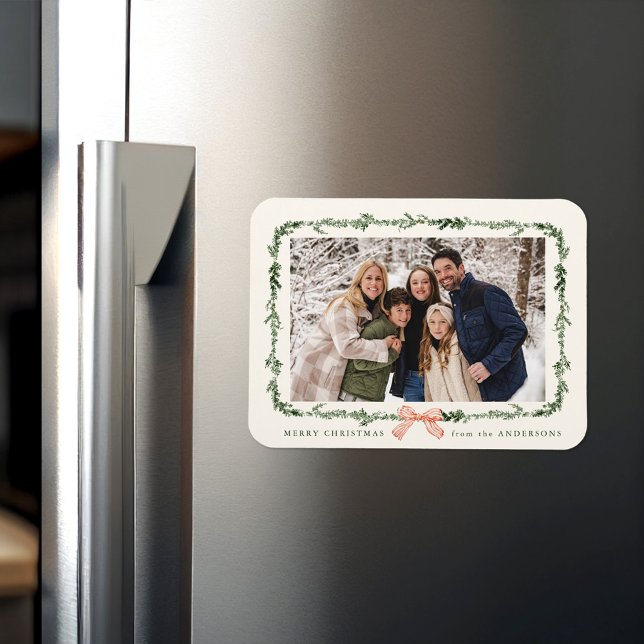 Elegant Red Bow Greenery Garland Helgdag Photo Magnet (Skapare uppladdad)