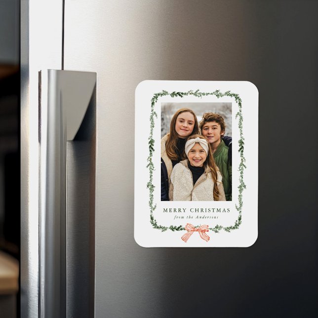 Elegant Red Bow Greenery Garland Helgdag Photo Magnet (Skapare uppladdad)