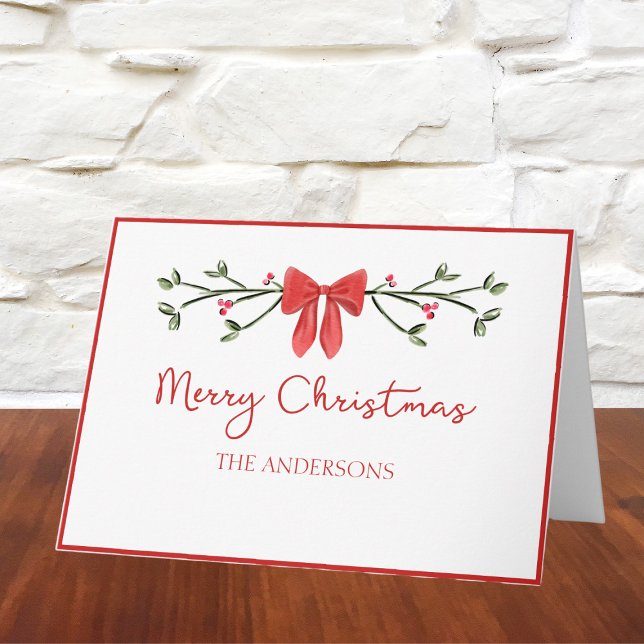 Elegant Red Bow & Holly Personlig jul Kort (Celebrate the season with this charming Christmas card, featuring a festive red bow.)