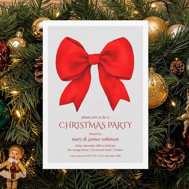 Elegant Red Bow-Julfesten Inbjudningar (Elegant Red Bow Christmas Holiday Party Invitation)