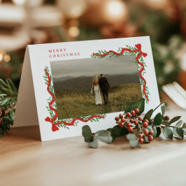 Elegant Red Bow med Greenery Photo jul Helgkort