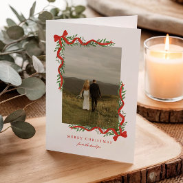 Elegant Red Bow med Greenery Photo jul Helgkort