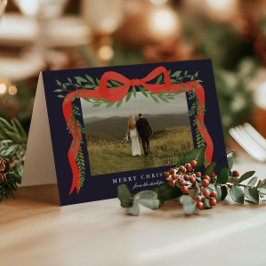 Elegant Red Bow med Greenery Photo jul Helgkort