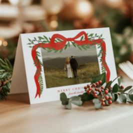 Elegant Red Bow med Greenery Photo jul Helgkort