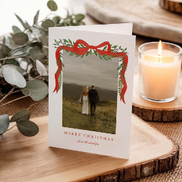 Elegant Red Bow med Greenery Photo jul Helgkort