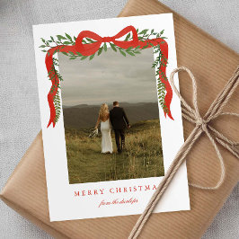Elegant Red Bow med Greenery Photo jul Julkort