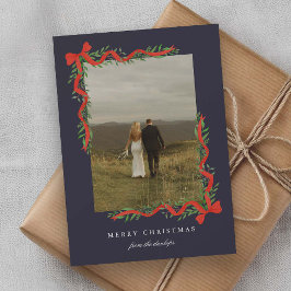 Elegant Red Bow med Greenery Photo jul Julkort