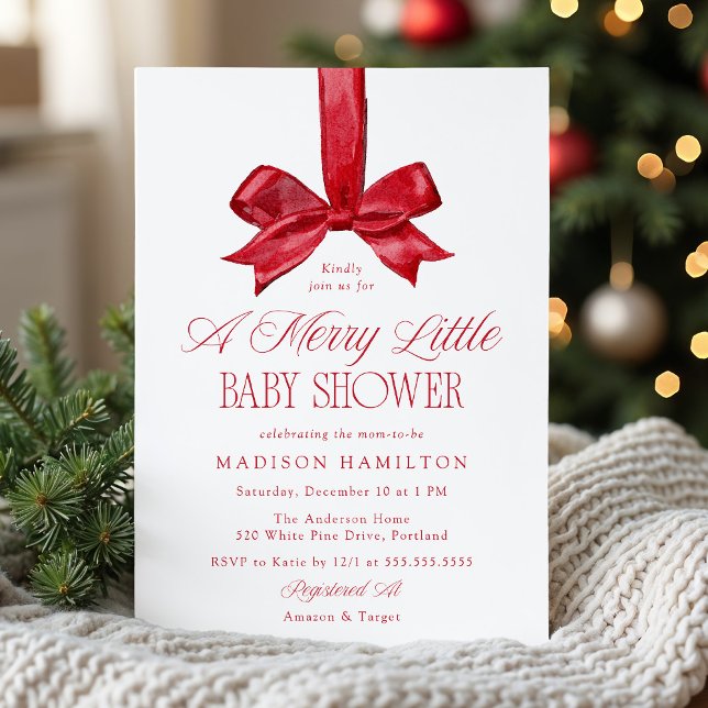 Elegant Red Bow Merry Little Christmas Baby Shower Inbjudningar (Skapare uppladdad)