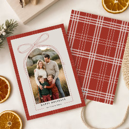 Elegant Red Bow Plaid Family Arch Photo Christmas Julkort
