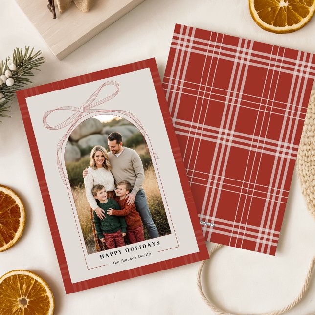 Elegant Red Bow Plaid Family Arch Photo Christmas Julkort (Skapare uppladdad)