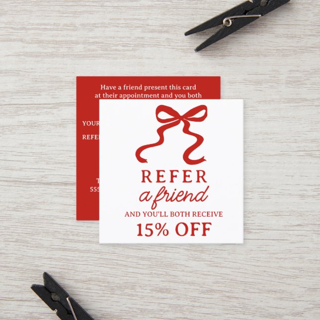Elegant red bow square elegant referral card (Fram/Back In Situ)