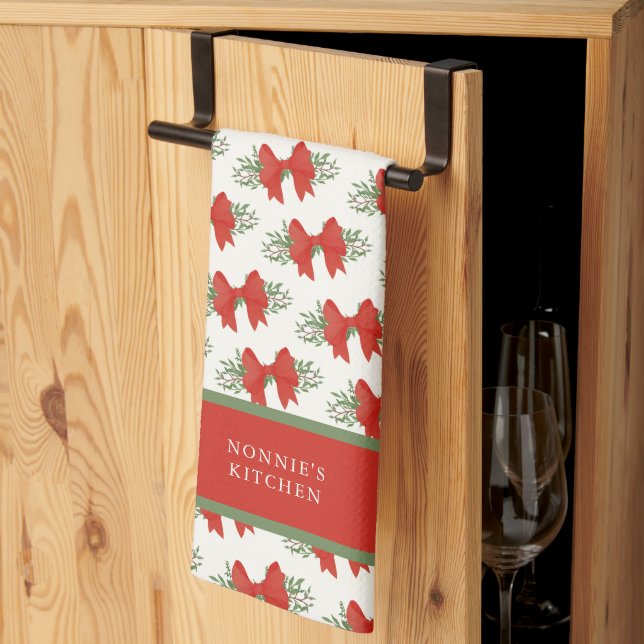 Elegant Red Bow with greenery Monogram Name Kökshandduk (Thirds Fold)