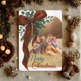 Elegant Red Bow with Greenery Photo Christmas  Helg Vykort