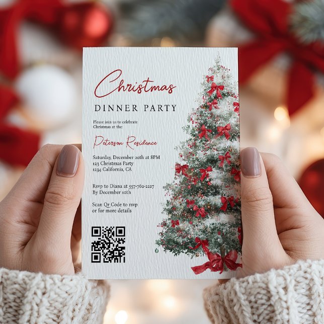 Elegant Red Bows Julgran QR Code Party Inbjudningar (Elegant Red Bows Christmas Tree QR Code Party Invitation)