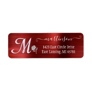 Elegant Red Brushed Metall Anpassningsbar Monogram Returadress Etikett