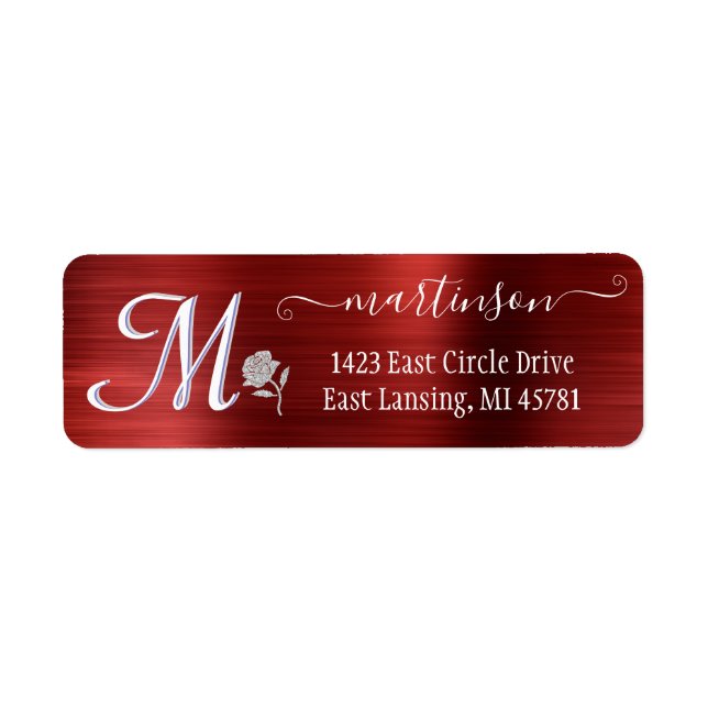 Elegant Red Brushed Metall Anpassningsbar Monogram Returadress Etikett (Framsidan)