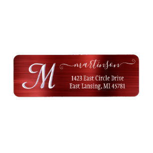 Elegant Red Brushed Metall Anpassningsbar Monogram Returadress Etikett