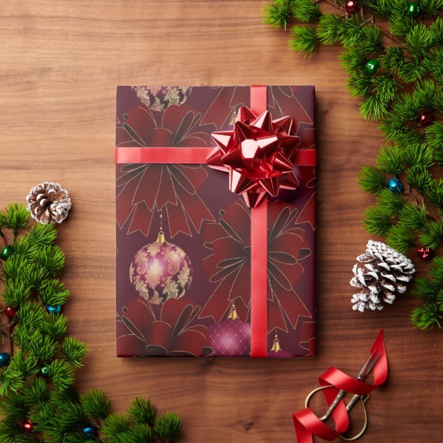Elegant Red Burgundy Bows Ornaments Helgdag Presentpapper (Julgåva)