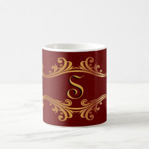 Elegant Red Burgundy Maroon Guld Monogram Initial Kaffemugg