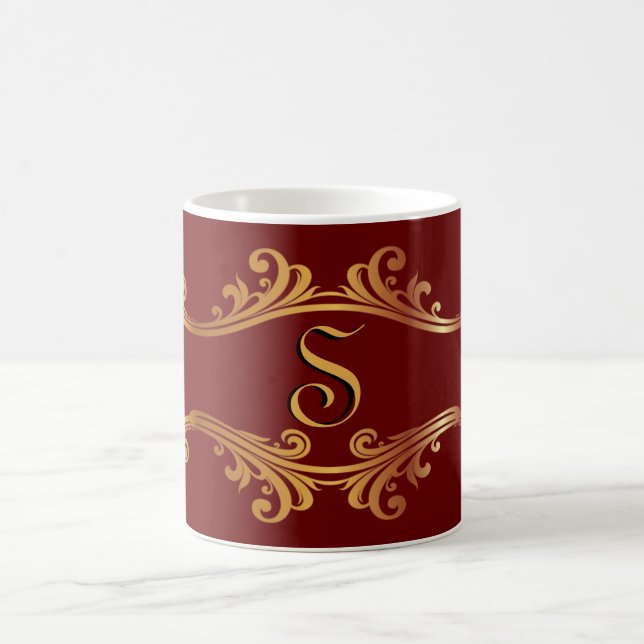 Elegant Red Burgundy Maroon Guld Monogram Initial Kaffemugg (Center)