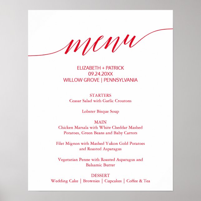 Elegant Red Calligraphy Bröllop Menu Sign Poster (Framsidan)