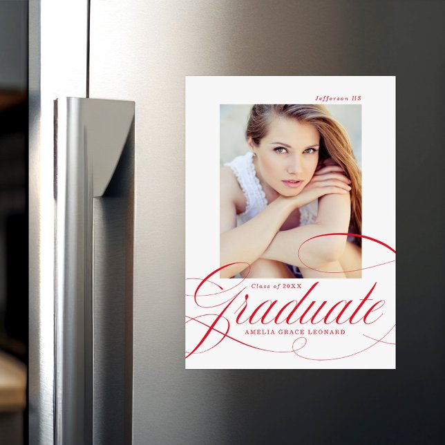 Elegant Red Calligraphy Script Photo Studenten Magnetisk Inbjudningskort (Skapare uppladdad)