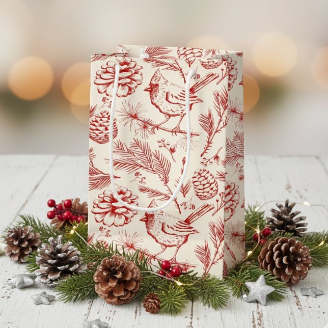 Elegant Red Cardinal Bird, Gräs och Winter Berries (Elegant Winter Cardinal Bird Gift Bags. Festive Red Bird, Pinecones, Pine Greenery & Berries Pattern)