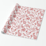 Elegant Red Cardinal Bird, Gräs och Winter Berries Presentpapper<br><div class="desc">Gå in i den festliga andan med vår elegant papper, med Nathalie Portets exquisite. I det här fallet presenteras det berusade bläck-teckningen av kardinaler, pinekoner, gräs nål och vinterbär på ett vackert sätt i ett helt vitt pennstreck som skapar en slående kontrast mot en pulserande julröd bakgrund. Nathalie Portets mästerbara...</div>