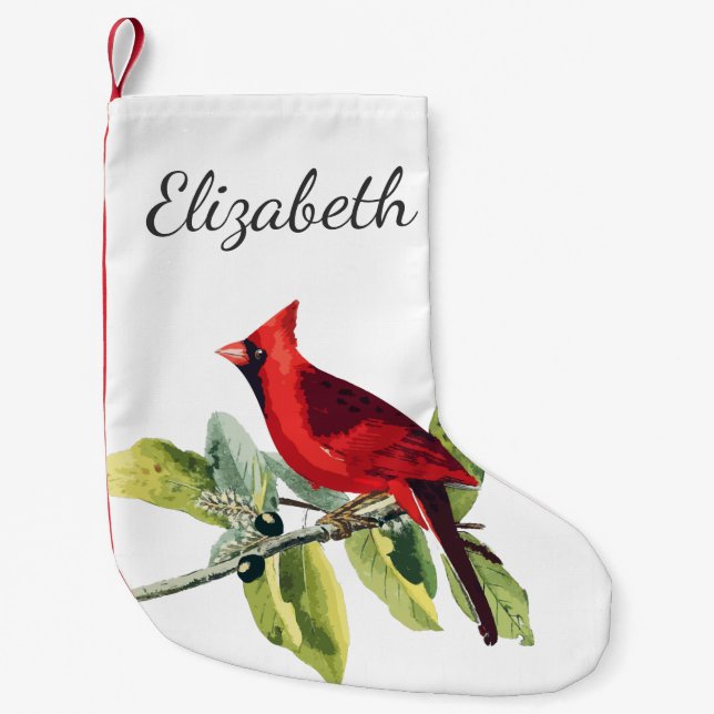 Elegant Red Cardinal Bird & Namn i skript Liten Julstrumpa (Framsidan)