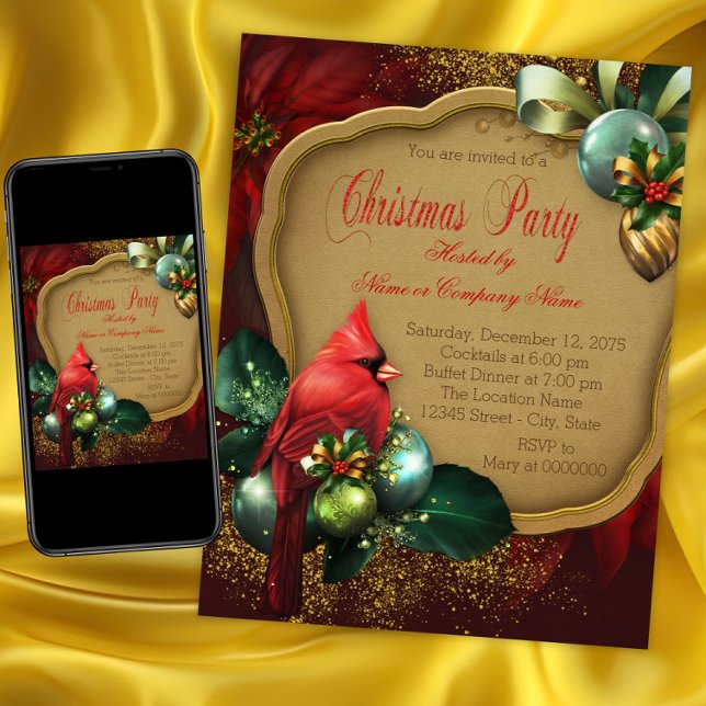 Elegant Red Cardinal jul Party Inbjudningar (Red Cardinal Christmas Party Invitation. Instant download and printed invitations available.)